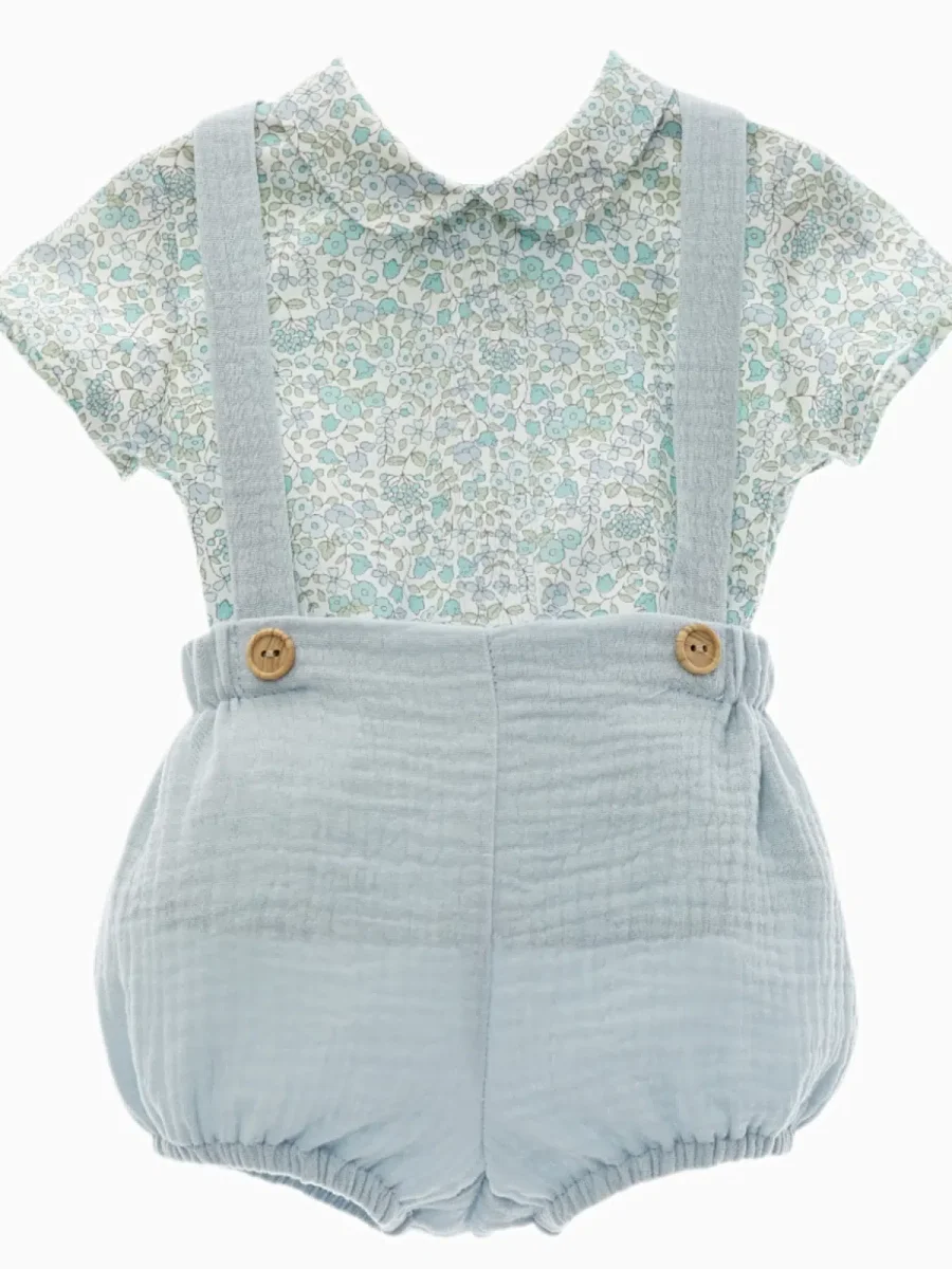 Ensemble bloomer à bretelles et blouse à fleurs – Bleu pâle