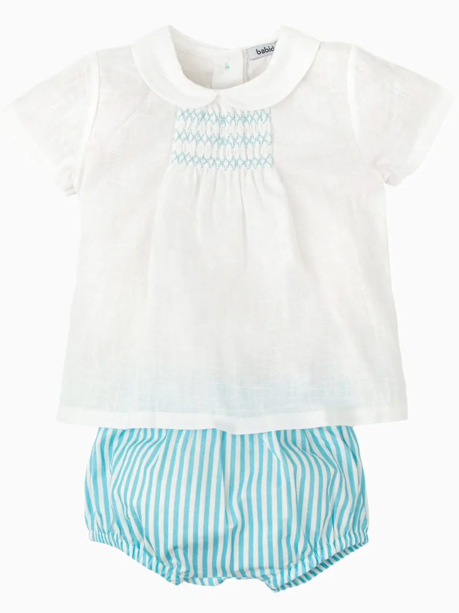 Ensemble bébé blouse à smocks et bloomer rayé – Turquoise – Image 2