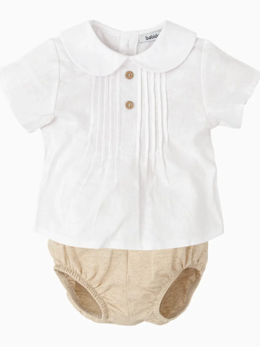 Ensemble blouse et bloomer bébé en lin et coton – Beige – Image 2