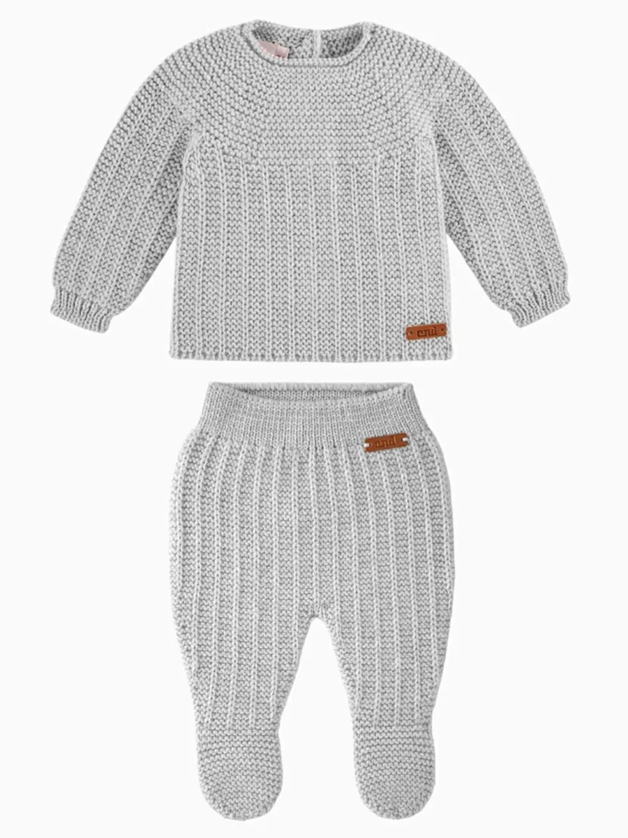 Ensemble naissance tricoté en laine mérinos – Gris