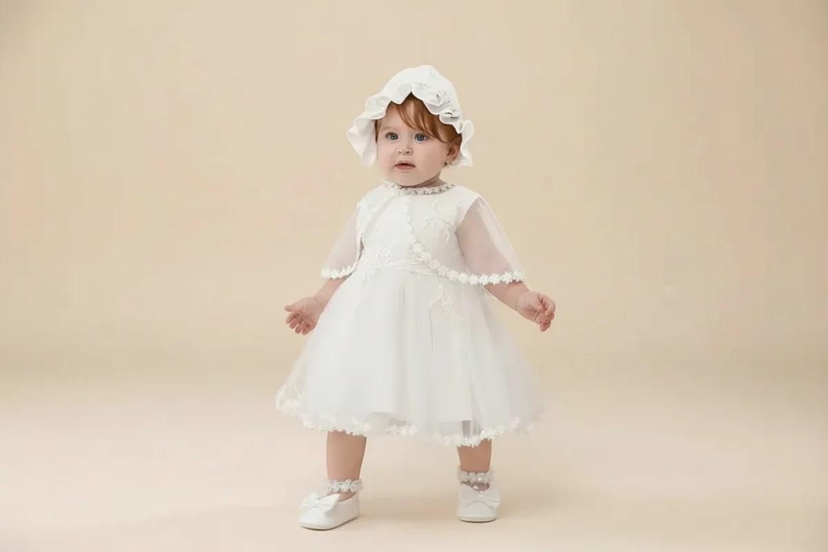 Robe de baptême bébé voile et dentelle – Image 2